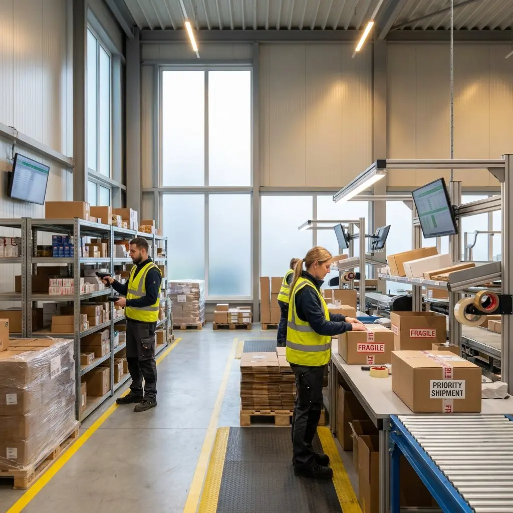 Warehouse workers in high-visibility vests picking products from shelves with a barcode scanner and packing boxes labeled “Fragile” and “Priority Shipment” at a packing station with a roller conveyor.